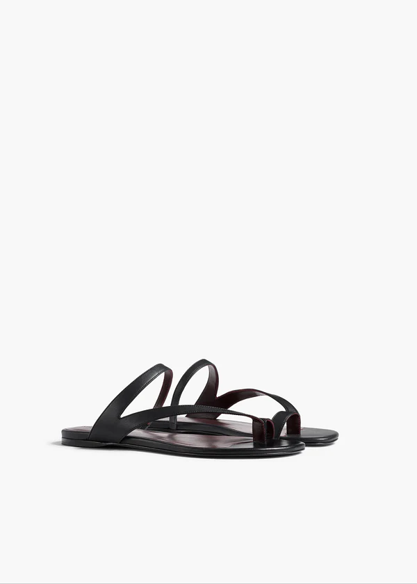 Aimee Flat Sandal in Black Leather ANGLED VIEW