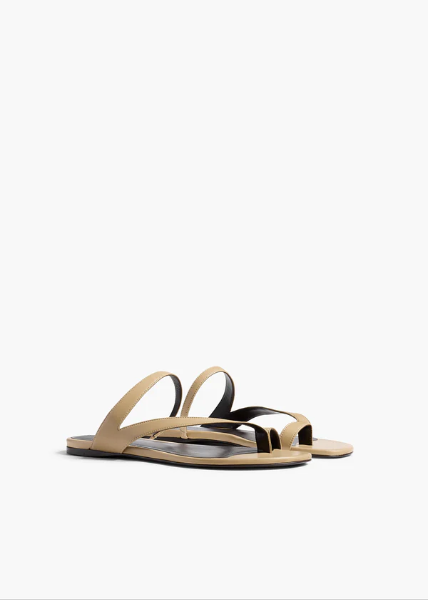 Aimee Flat Sandal in Beige Leather ANGLED VIEW