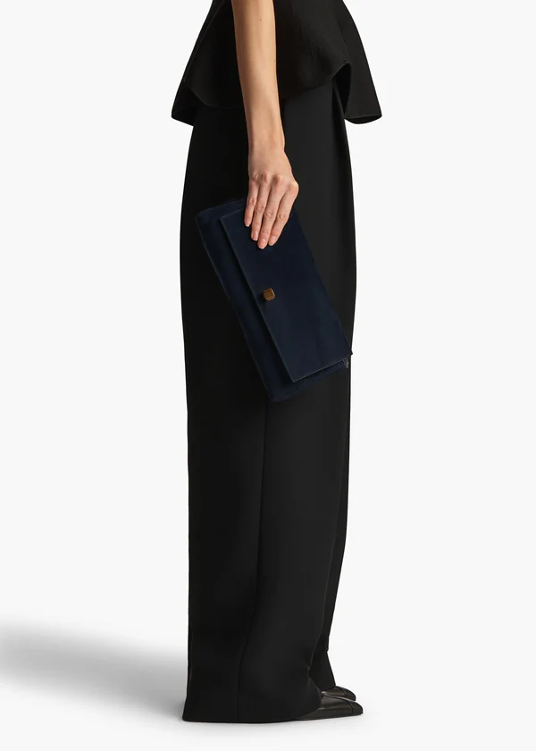 Audrey Clutch in Midnight Suede ON FIGURE