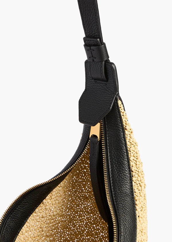 Small Augustina Crossbody Bag in Natural Raffia and Black Leather