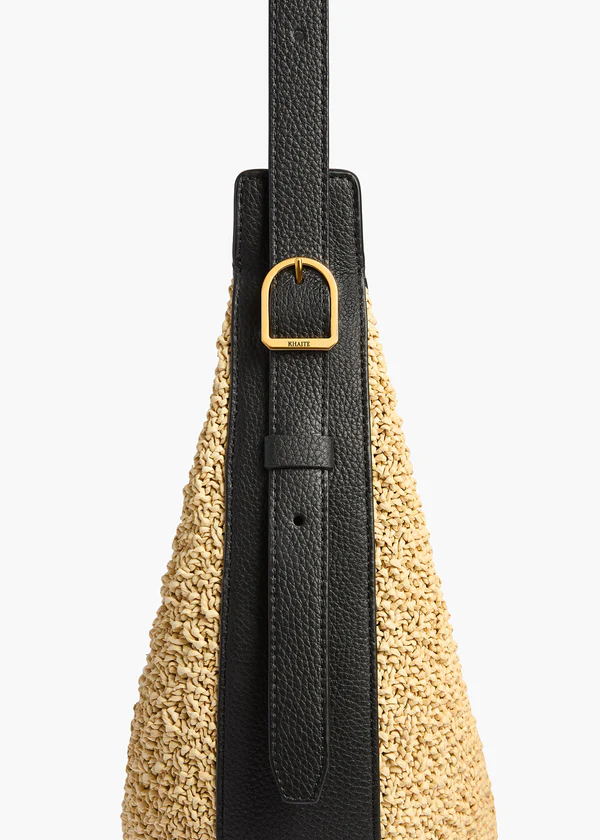 Small Augustina Crossbody Bag in Natural Raffia and Black Leather