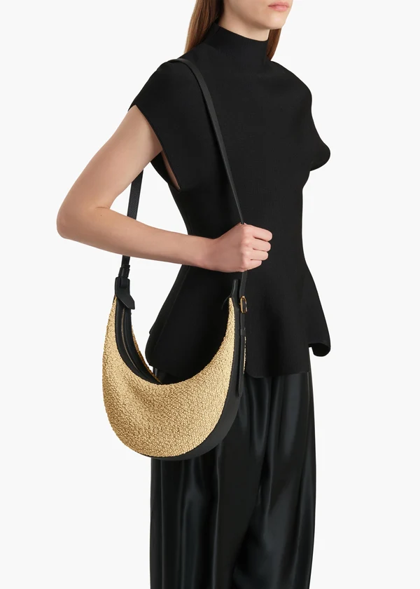 Small Augustina Crossbody Bag in Natural Raffia and Black Leather