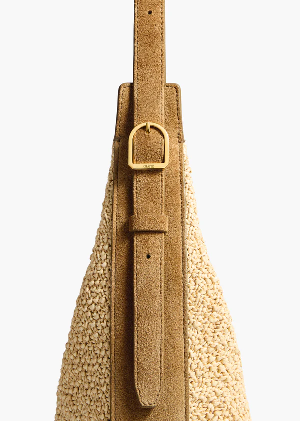 Small Augustina Crossbody Bag in Wheat Suede and Natural Raffia DETAILED VIEW 1