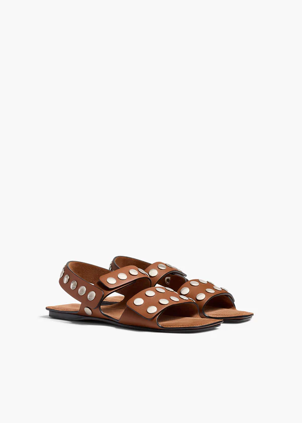  Boden Flat in Dark Tan Leather with Silver Studs ANGLED VIEW