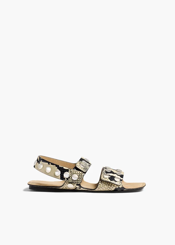 Boden Flat in Natural Python-Embossed Leather Leather with Silver Studs FRONT VIEW