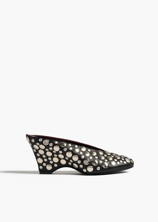 Cloak Mule in Black Leather with Silver Studs FRONT VIEW