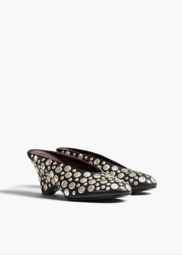 Cloak Mule in Black Leather with Silver Studs ANGLED VIEW
