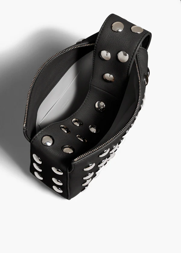 SMALL ELENA HANDBAG IN BLACK PEBBLED LEATHER WITH STUDS OVERHEAD VIEW