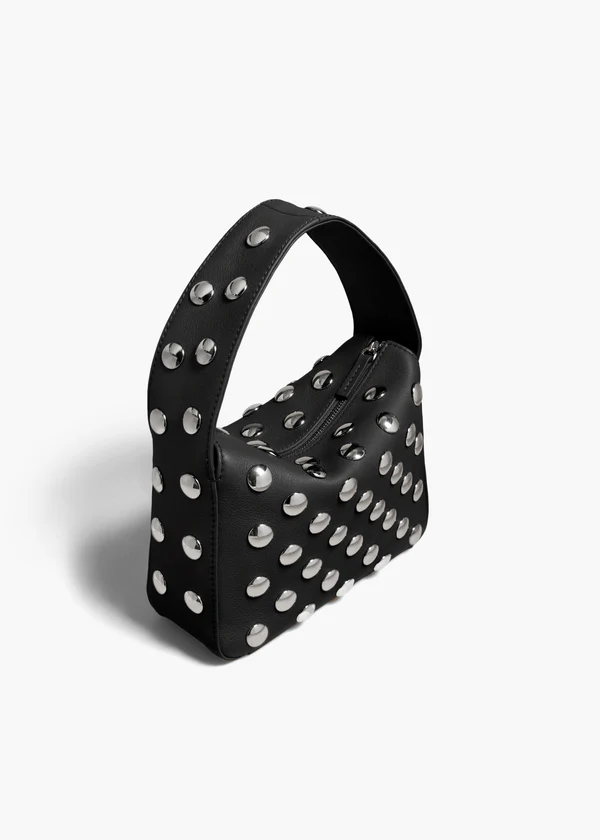 SMALL ELENA HANDBAG IN BLACK PEBBLED LEATHER WITH STUDS ANGLED VIEW