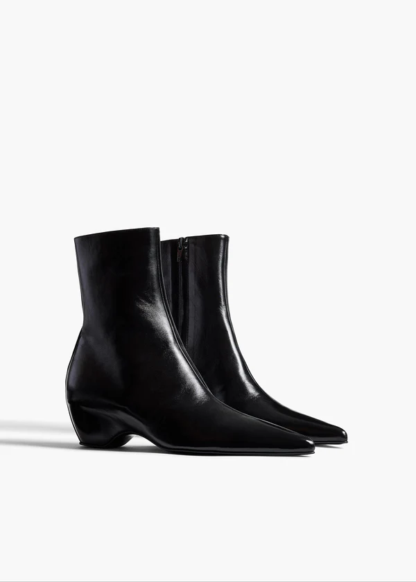 Sybil Ankle Boot in Black Glazed Leather ANGLED VIEW