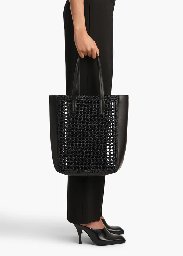 Small Zoe Tote in Black Raffia with Black Leather ON FIGURE VIEW