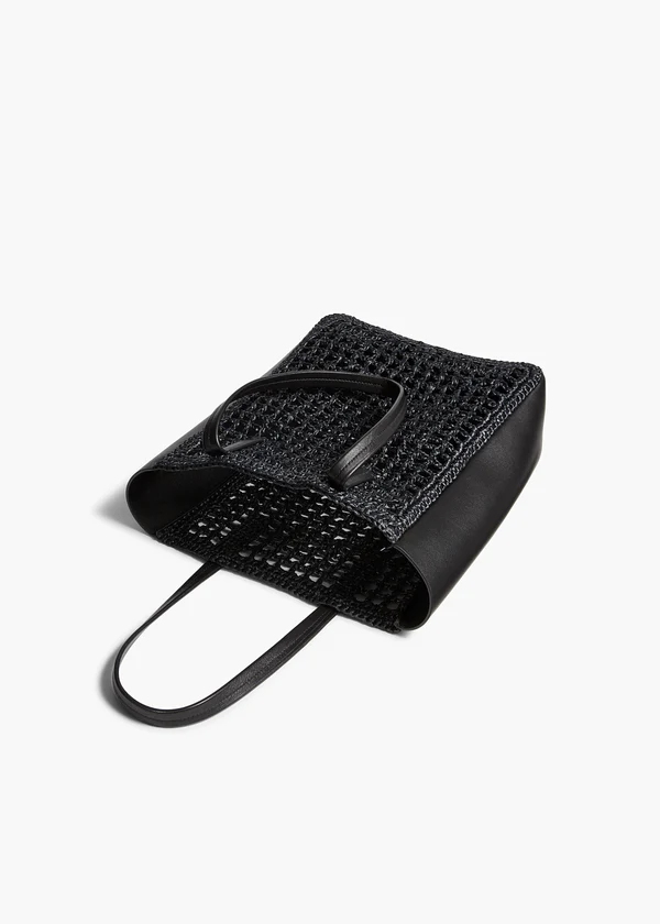 Small Zoe Tote in Black Raffia with Black Leather OVERHEAD VIEW
