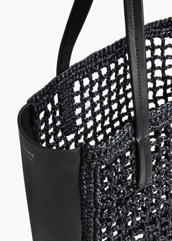Small Zoe Tote in Black Raffia with Black Leather DETAILED VIEW