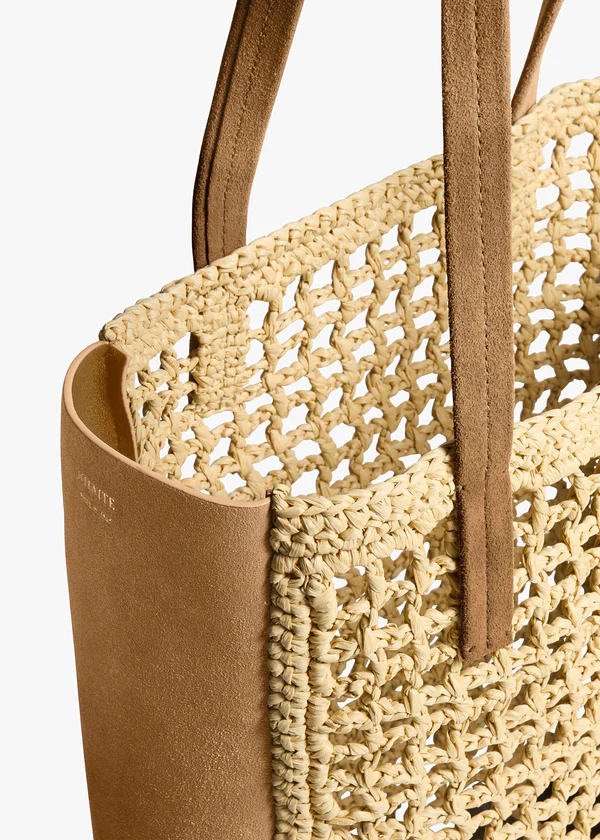 Small Zoe Tote in Natural Raffia with Mud Suede DETAIL VIEW